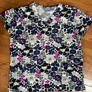 Floral Pattern Scrub Top  Size Large Grey, Pink, Navy on White Background